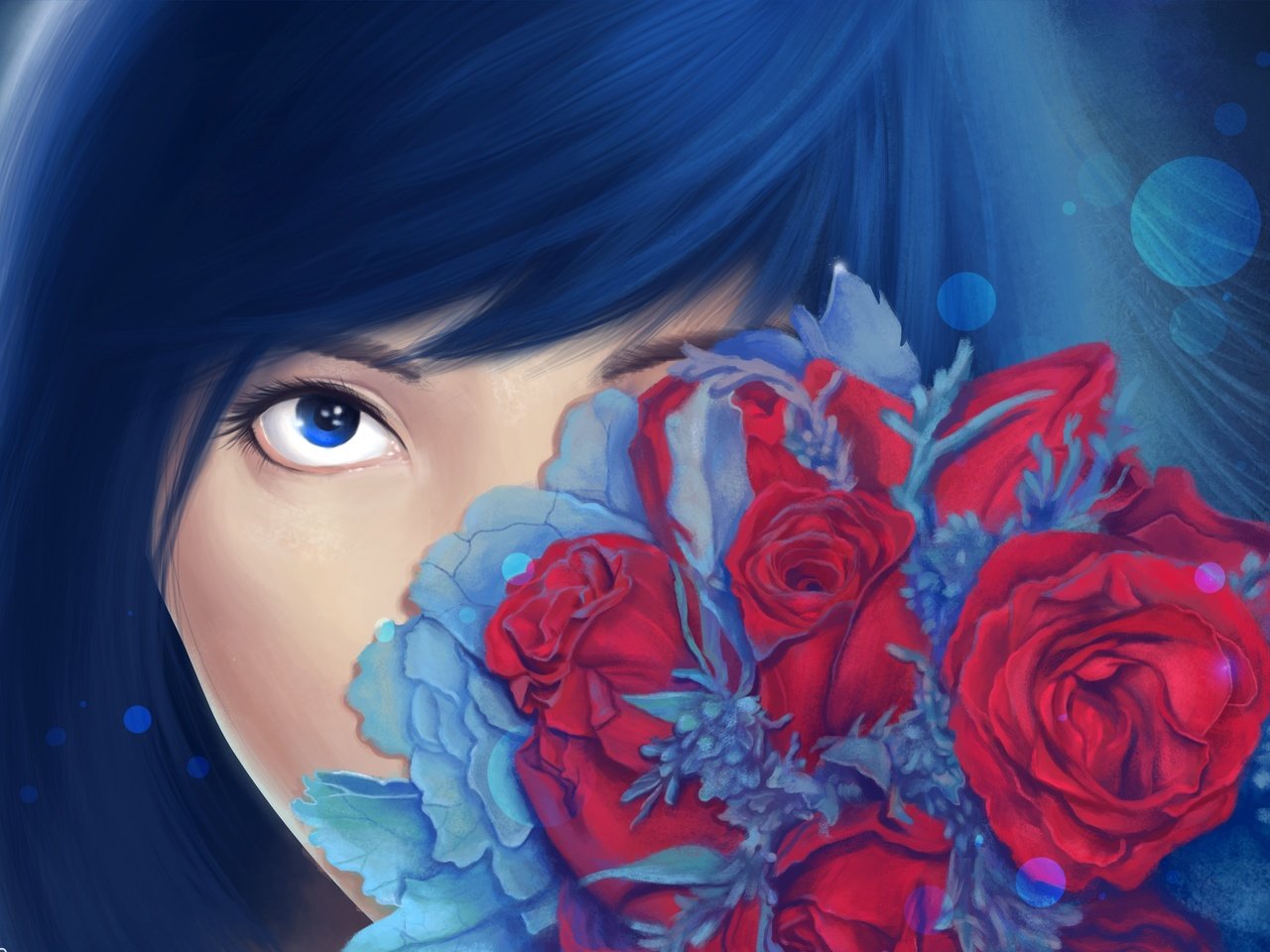 Обои цветы, арт, розы, взгляд, букет, лицо, живопись, девушка. синие волосы, flowers, art, roses, look, bouquet, face, painting, girl. blue hair разрешение 3996x2759 Загрузить