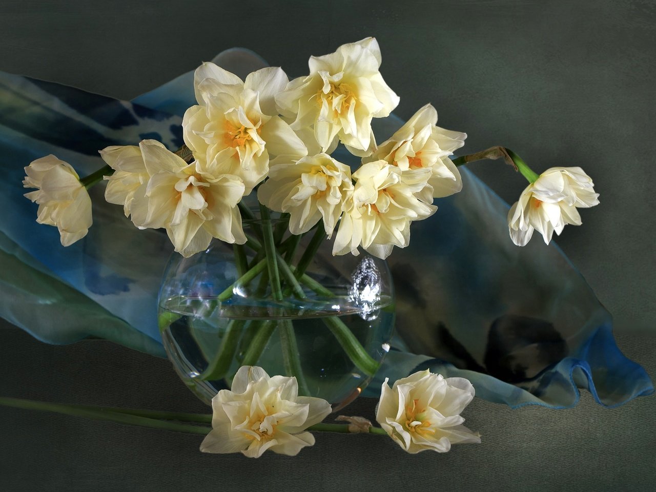 Обои букет, нарциссы, натюрморт, bouquet, daffodils, still life разрешение 2000x1261 Загрузить