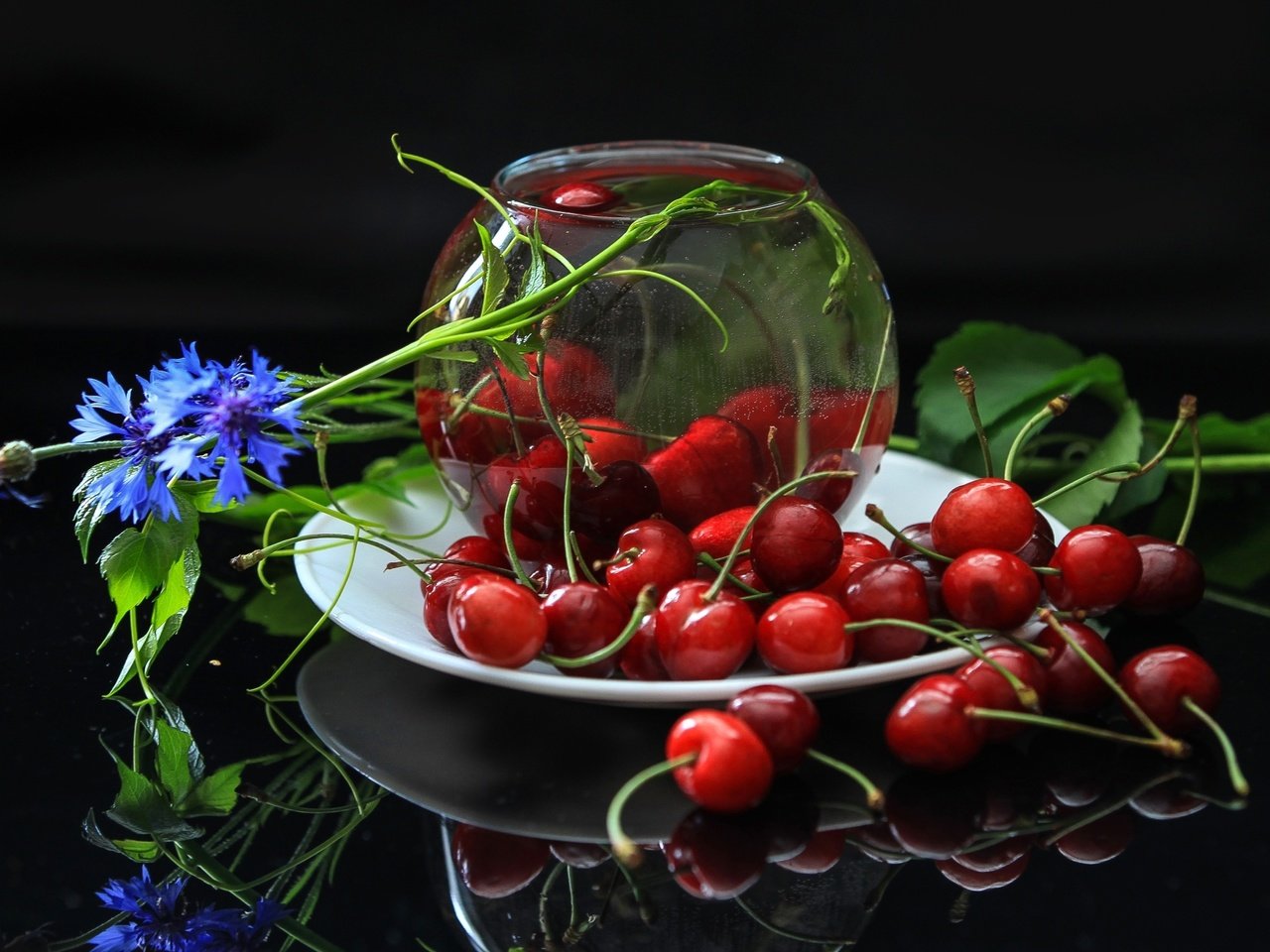 Обои ягоды, вишня, василек, berries, cherry, cornflower разрешение 2400x1499 Загрузить