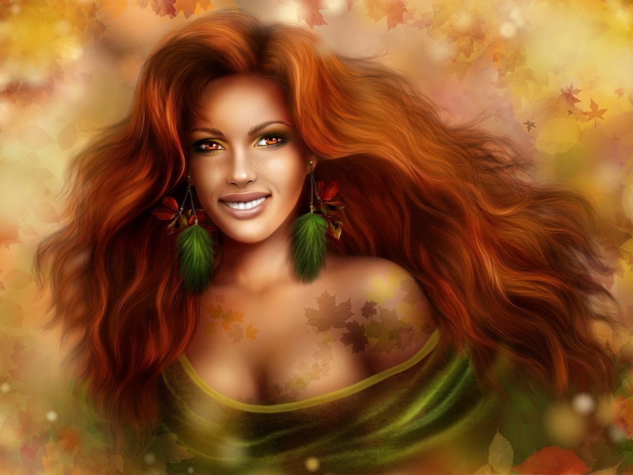 Обои листья, девушка, улыбка, осень, рыжая, волосы, leaves, girl, smile, autumn, red, hair разрешение 3874x2521 Загрузить