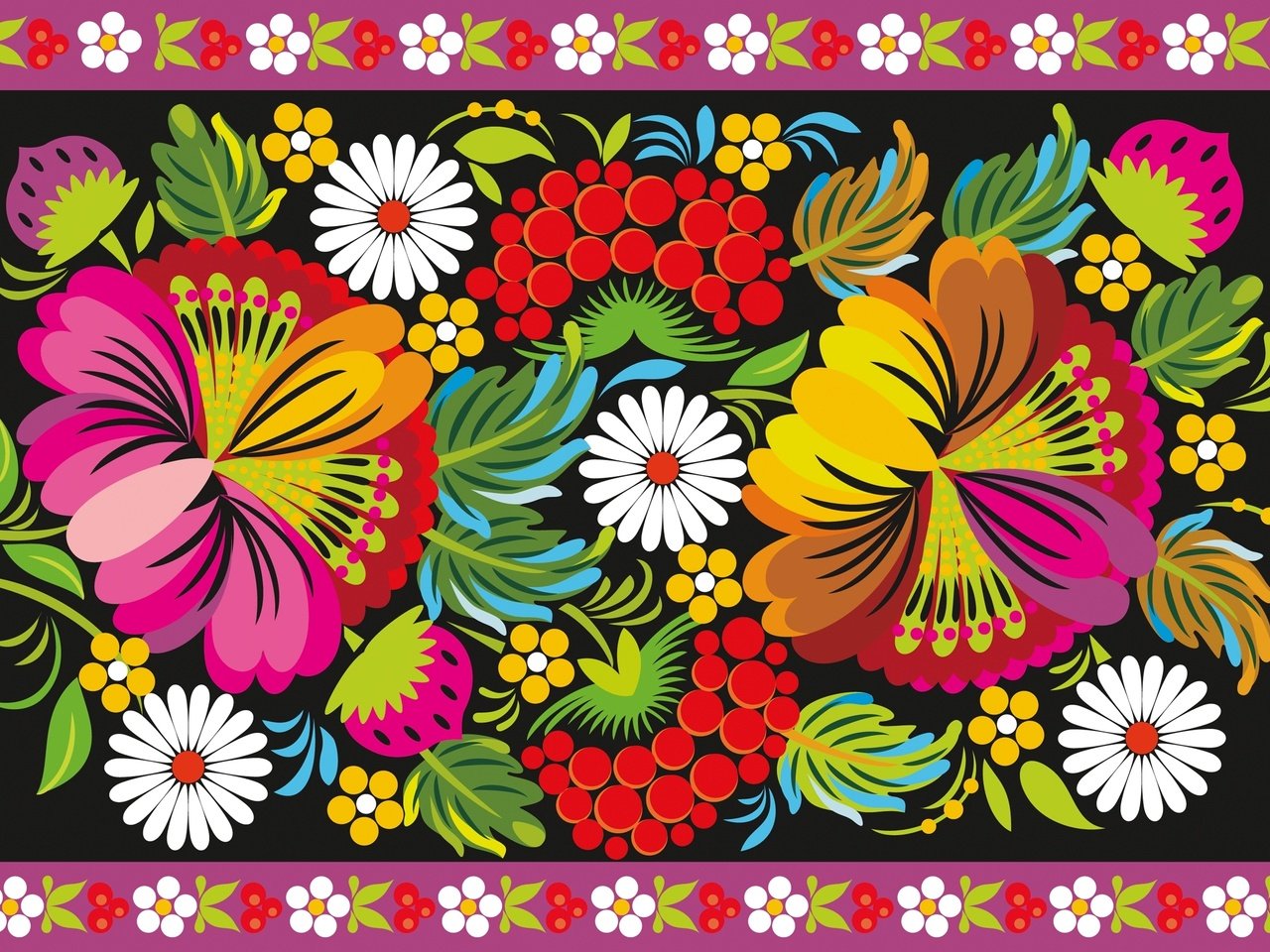 Обои цветы, узор, орнамент, ягоды, роспись, народный, flowers, pattern, ornament, berries, painting, folk разрешение 2500x1570 Загрузить