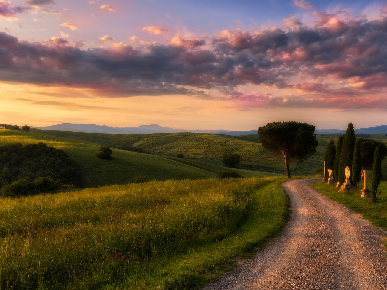 Обои небо, дорога, трава, облака, деревья, природа, утро, the sky, road, grass, clouds, trees, nature, morning разрешение 2048x1367 Загрузить