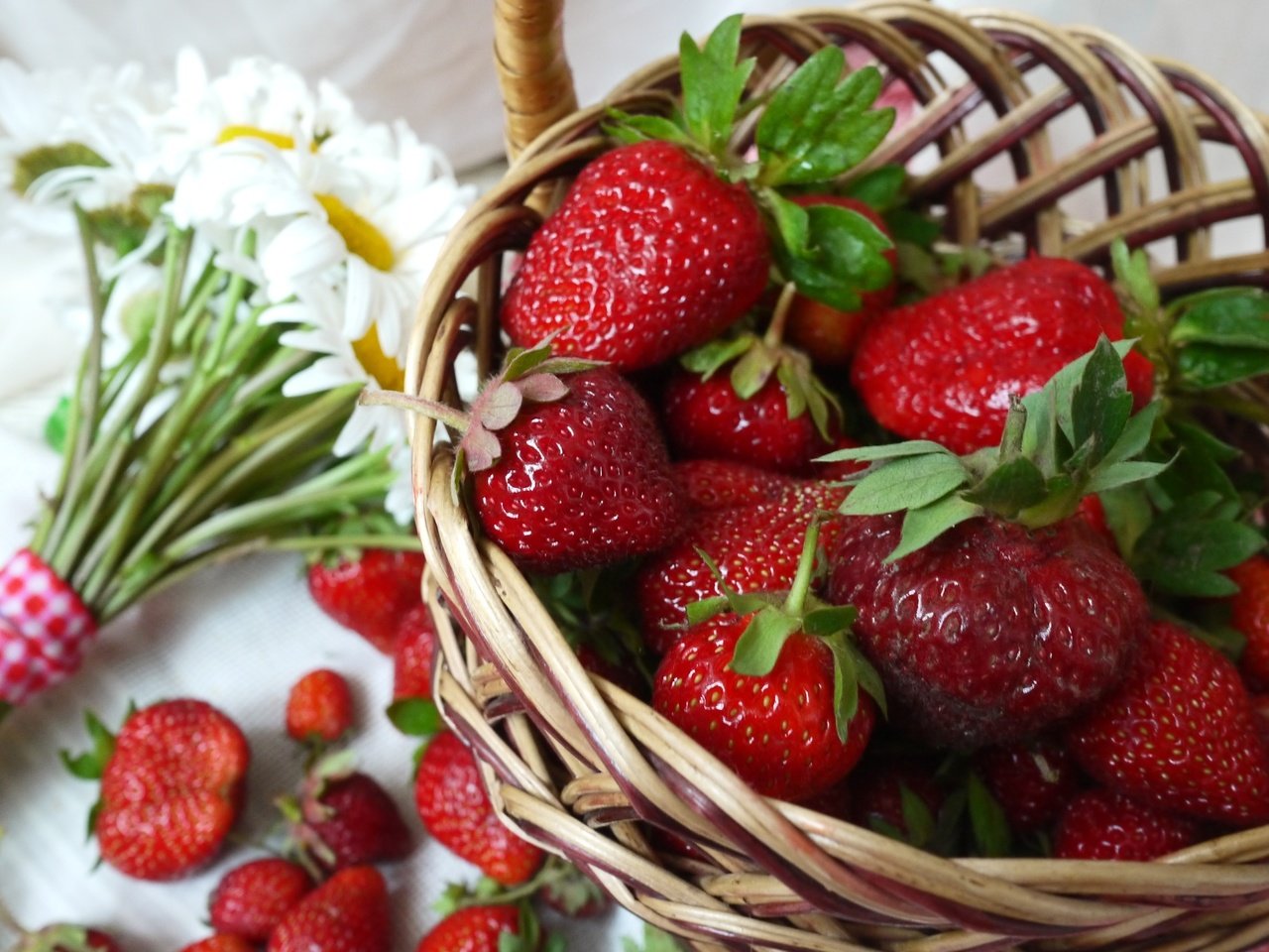 Обои клубника, ромашки, букет, корзина, ягоды, strawberry, chamomile, bouquet, basket, berries разрешение 2400x1571 Загрузить