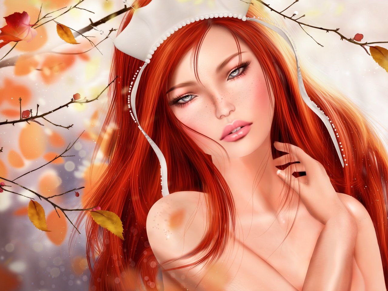 Обои листья, девушка, осень, рыжая, leaves, girl, autumn, red разрешение 3000x1804 Загрузить