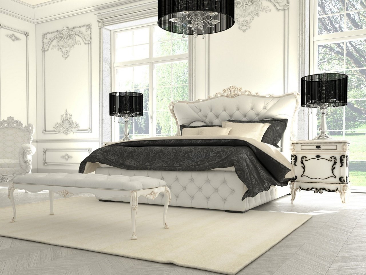 Обои роскошная спальня, спальня в черно-белой гамме, luxurious bedroom, bedroom in black and white разрешение 1920x1173 Загрузить