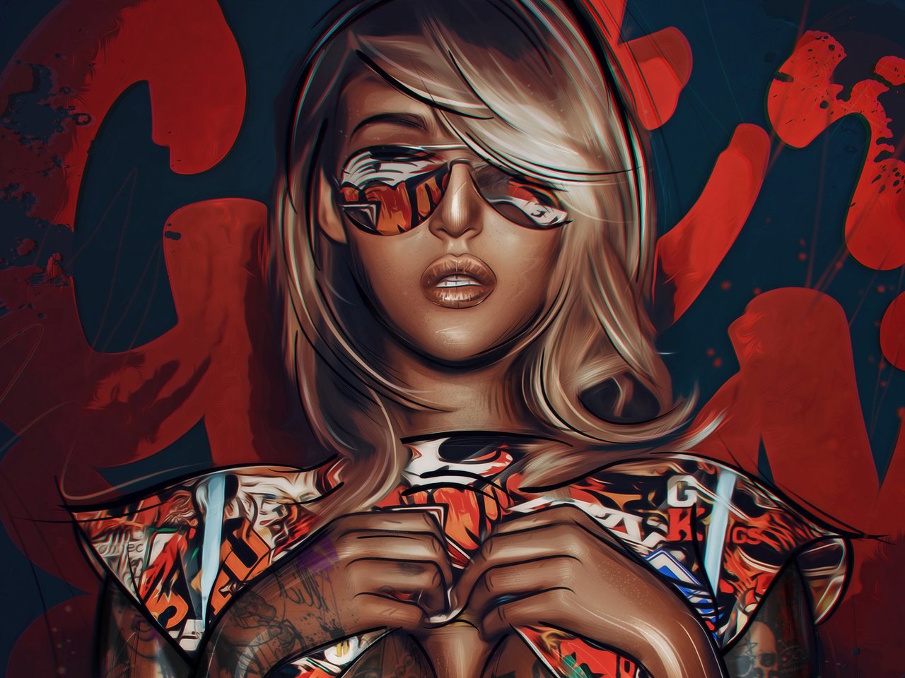 Обои арт, девушка, блондинка, очки, татуировки, лицо, art, girl, blonde, glasses, tattoo, face разрешение 1920x1437 Загрузить