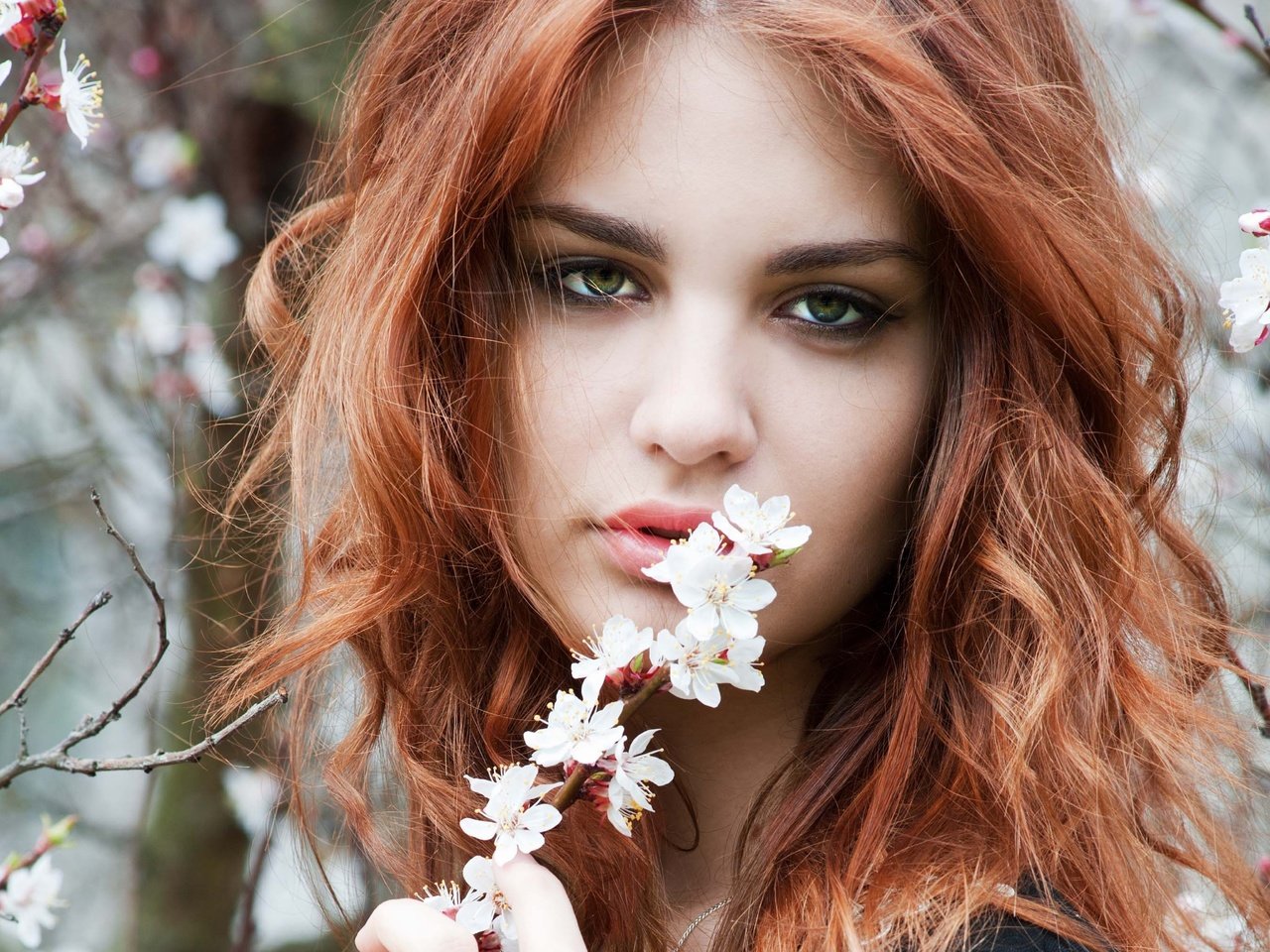 Обои девушка, взгляд, весна, волосы, зеленые глаза, веточки, girl, look, spring, hair, green eyes, twigs разрешение 6981x4990 Загрузить