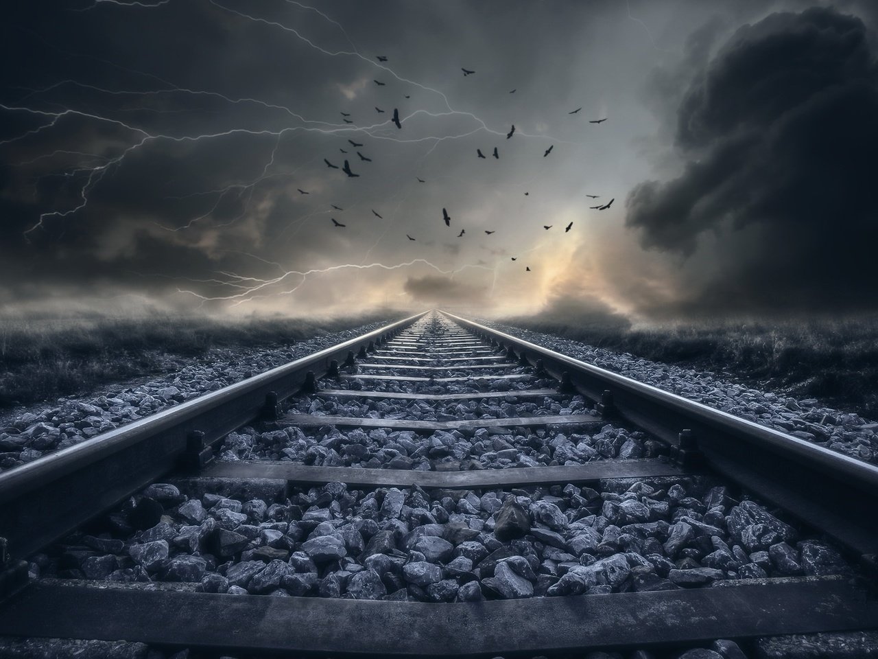 Обои железная дорога, рельсы, природа, тучи, птицы, railroad, rails, nature, clouds, birds разрешение 1920x1241 Загрузить