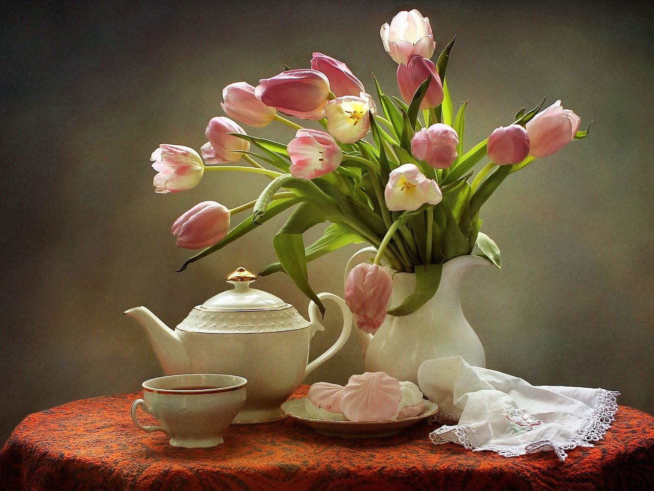 Обои букет, тюльпаны, чай, чайник, зефир, натюрморт, bouquet, tulips, tea, kettle, marshmallows, still life разрешение 1920x1275 Загрузить