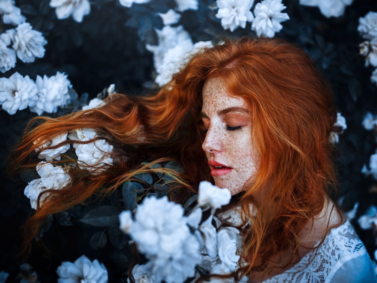 Обои цветы, девушка, рыжая, профиль, волосы, лицо, веснушки, flowers, girl, red, profile, hair, face, freckles разрешение 2048x1365 Загрузить