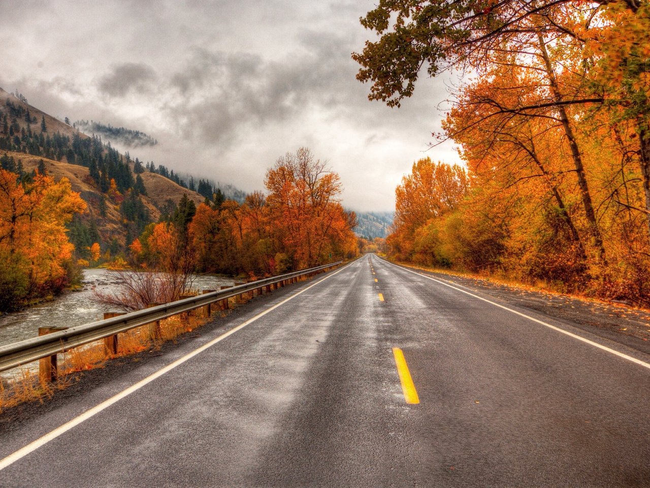 Обои дорога, деревья, река, горы, осень, road, trees, river, mountains, autumn разрешение 2048x1354 Загрузить