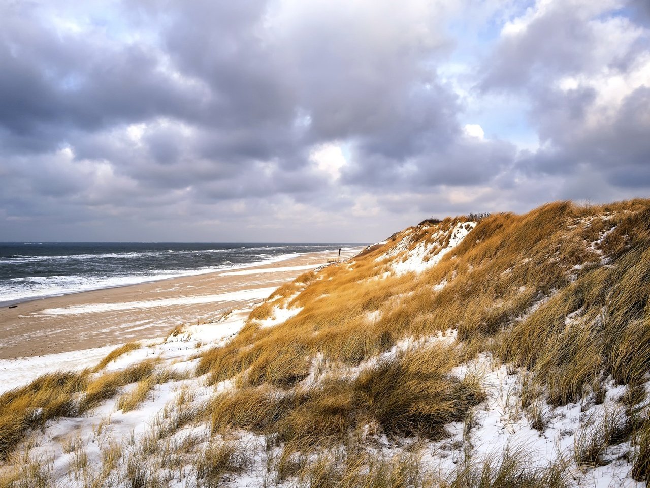 Обои небо, трава, зима, море, пляж, дюны, the sky, grass, winter, sea, beach, dunes разрешение 2048x1365 Загрузить