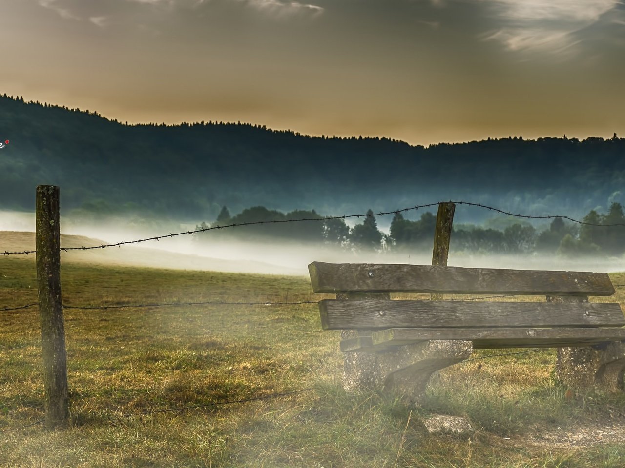 Обои горы, утро, туман, поле, скамья, mountains, morning, fog, field, bench разрешение 2048x1153 Загрузить