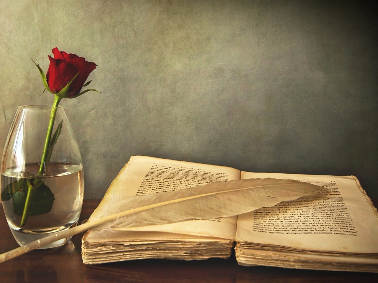 Обои роза, красная, стол, ваза, книга, перо, старая, rose, red, table, vase, book, pen, old разрешение 2560x1600 Загрузить