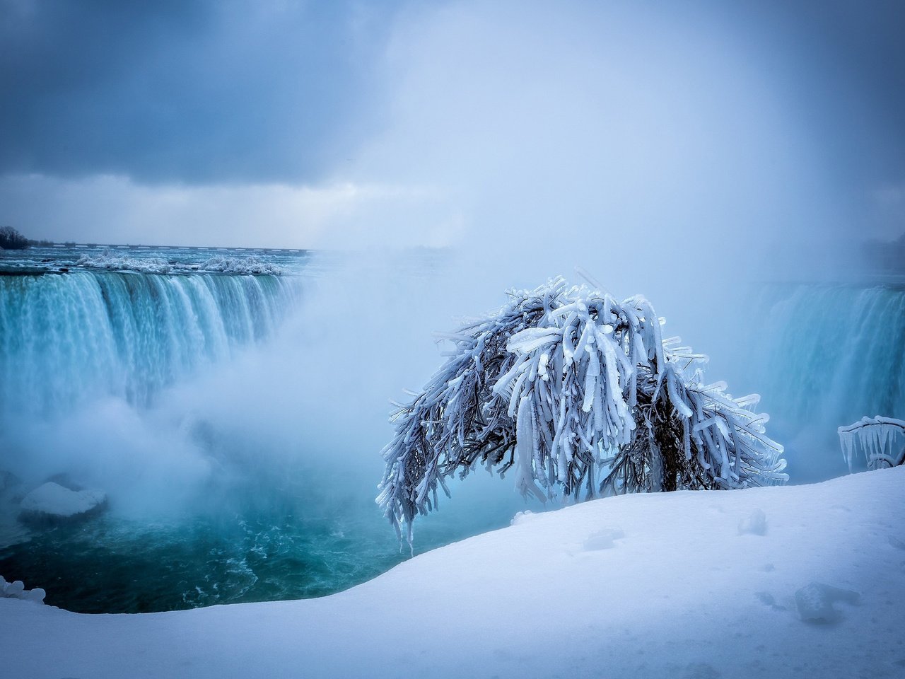 Обои снег, природа, дерево, зима, водопад, ниагарский водопад, snow, nature, tree, winter, waterfall, niagara falls разрешение 2560x1600 Загрузить