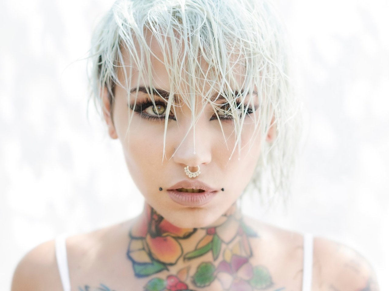 Обои девушка, блондинка, взгляд, модель, тату, girl, blonde, look, model, tattoo разрешение 2048x1152 Загрузить