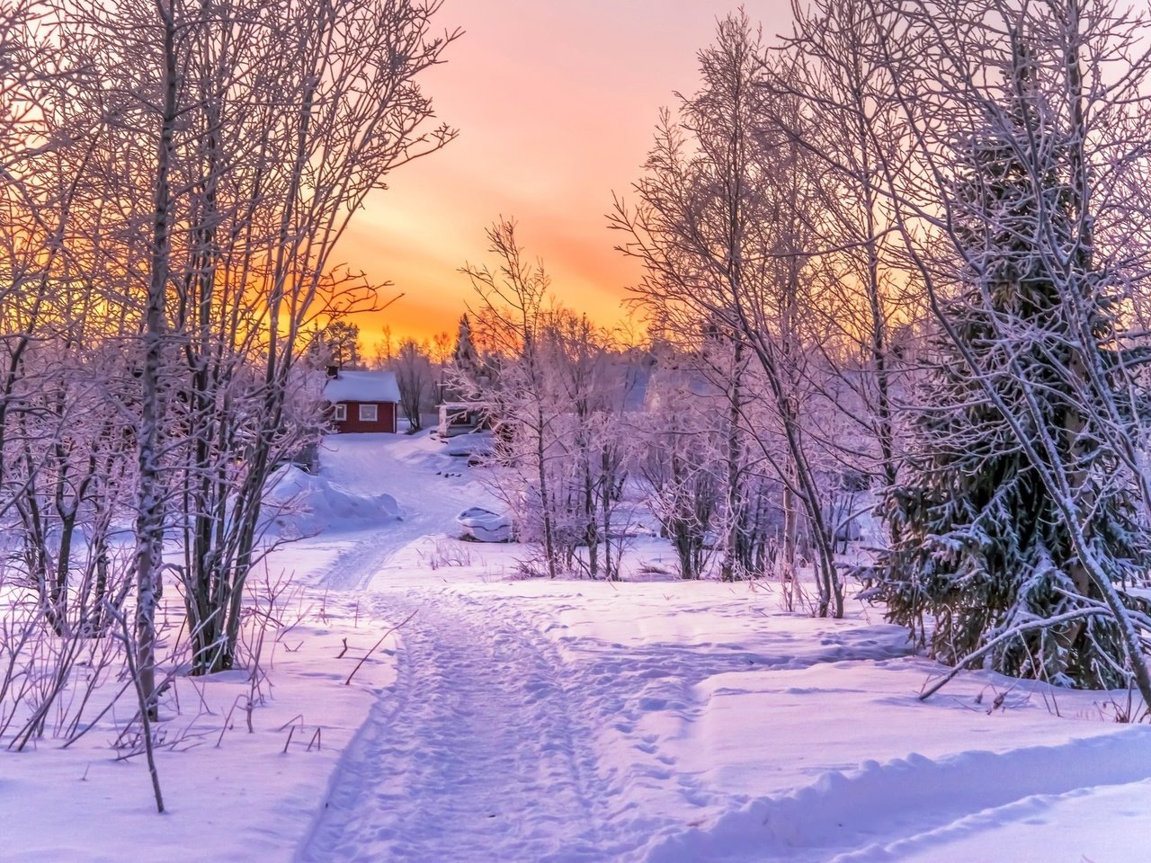 Обои дорога, деревья, снег, закат, зима, пейзаж, домик, красива, road, trees, snow, sunset, winter, landscape, house, beautiful разрешение 2048x1389 Загрузить