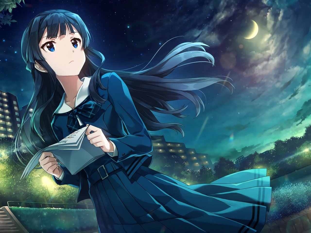 Обои облака, огни, парк, moon, школьная форма, mogami shizuka, the idolmaster, clouds, lights, park, school uniform разрешение 2048x1154 Загрузить