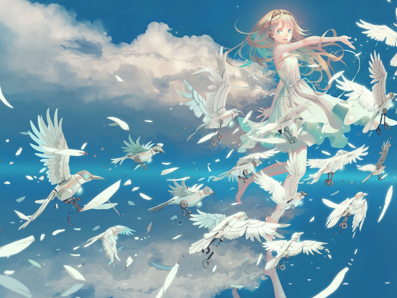 Обои небо, облака, девушка, аниме, птицы, the sky, clouds, girl, anime, birds разрешение 1920x1080 Загрузить