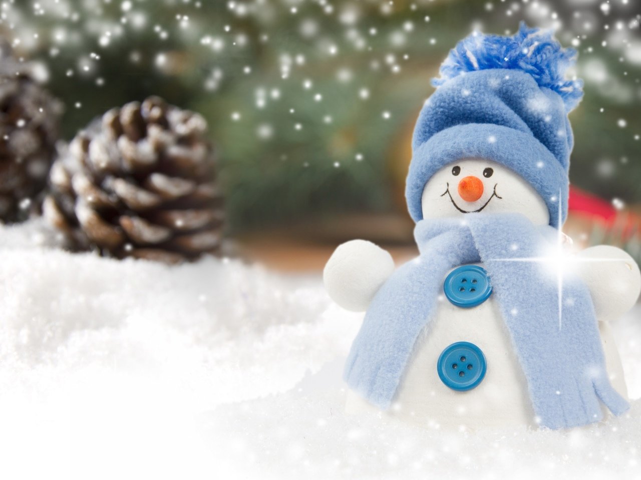 Обои снег, новый год, снеговик, рождество, шишки, snow, new year, snowman, ...