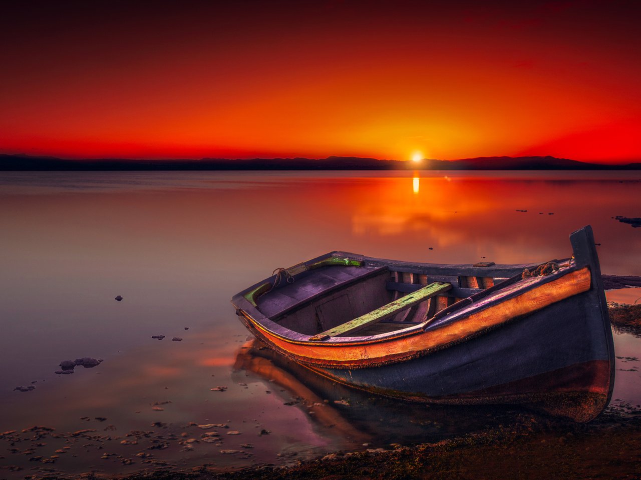 Обои небо, озеро, берег, закат, горизонт, лодка, сумерки, the sky, lake, shore, sunset, horizon, boat, twilight разрешение 5441x3623 Загрузить