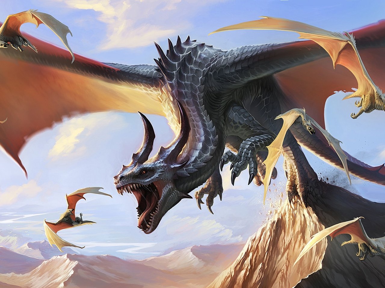 Обои дракон, brian valeza, виверны, вымышленное существо, afternoon snack, dragon hunting wyverns, dragon, wyverns, a fictional creature, dragon hunting wild разрешение 1920x1080 Загрузить