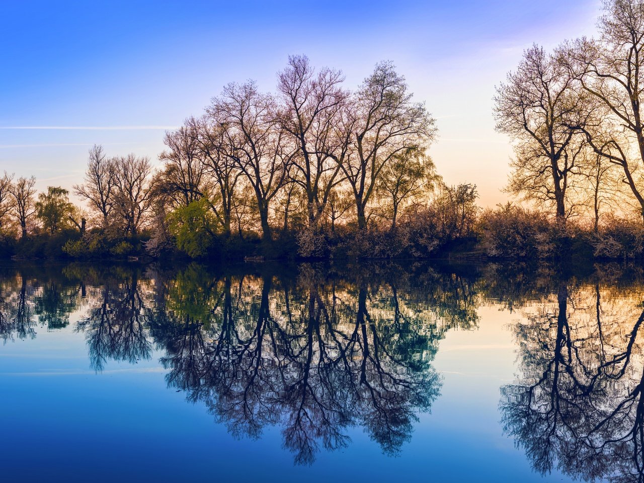 Обои небо, деревья, озеро, природа, отражение, the sky, trees, lake, nature, reflection разрешение 7680x4270 Загрузить