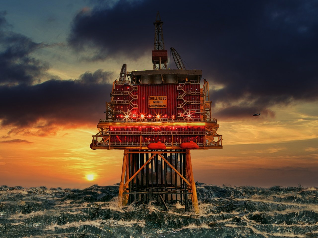 Обои закат, море, шторм, платформа, северное море, sunset, sea, storm, platform, north sea разрешение 6802x4382 Загрузить