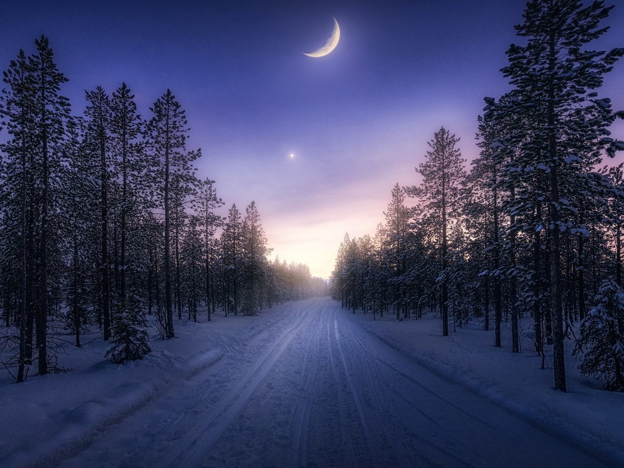 Обои дорога, зима, луна, road, winter, the moon разрешение 3840x2160 Загрузить