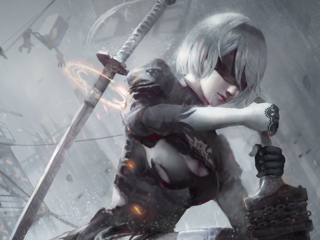 Обои арт, девушка, меч, лицо, девушка-воин, 2b, yorha no.2 type b, nier: automata, art, girl, sword, face, the girl-soldier разрешение 3894x2190 Загрузить