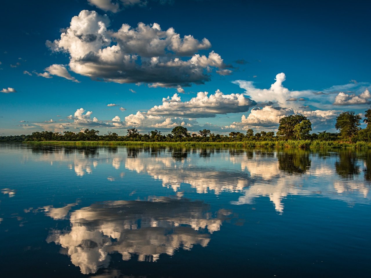 Обои облака, деревья, река, отражение, африка, намибия, река окаванго, okavango river, полоса каприви, caprivi strip, clouds, trees, river, reflection, africa, namibia разрешение 2048x1280 Загрузить