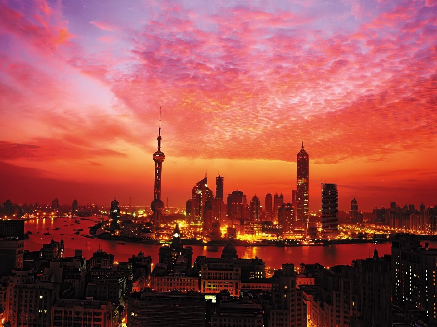 Обои огни, закат, небоскребы, шанхай, башня, lights, sunset, skyscrapers, shanghai, tower разрешение 1920x1200 Загрузить