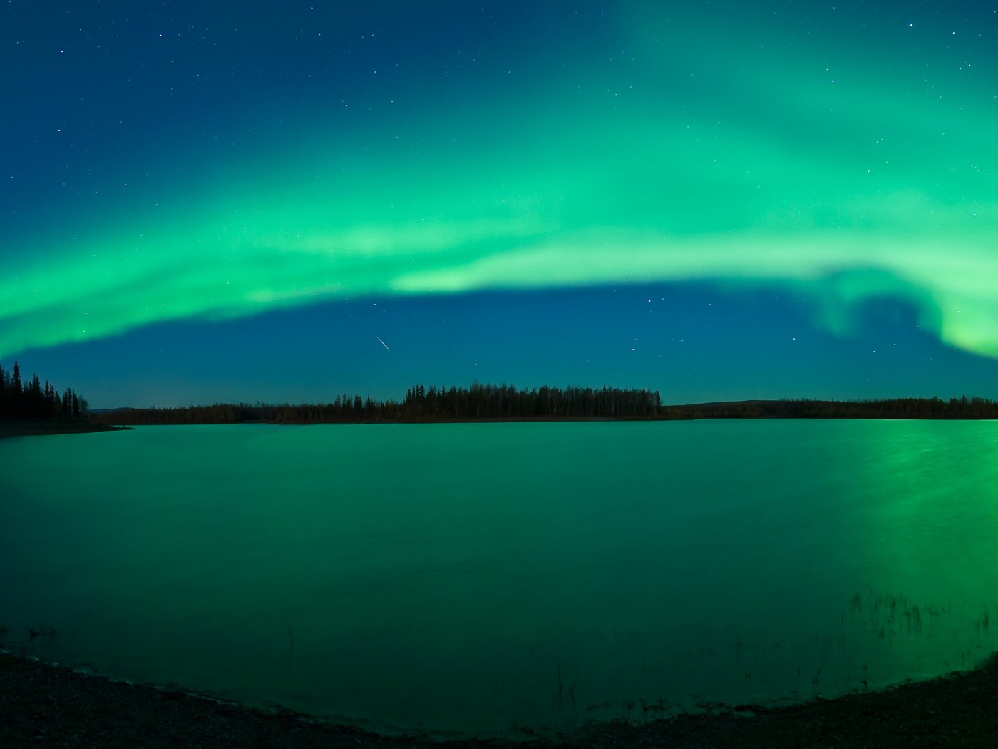 Обои ночь, река, северное сияние, night, river, northern lights разрешение 3360x1320 Загрузить