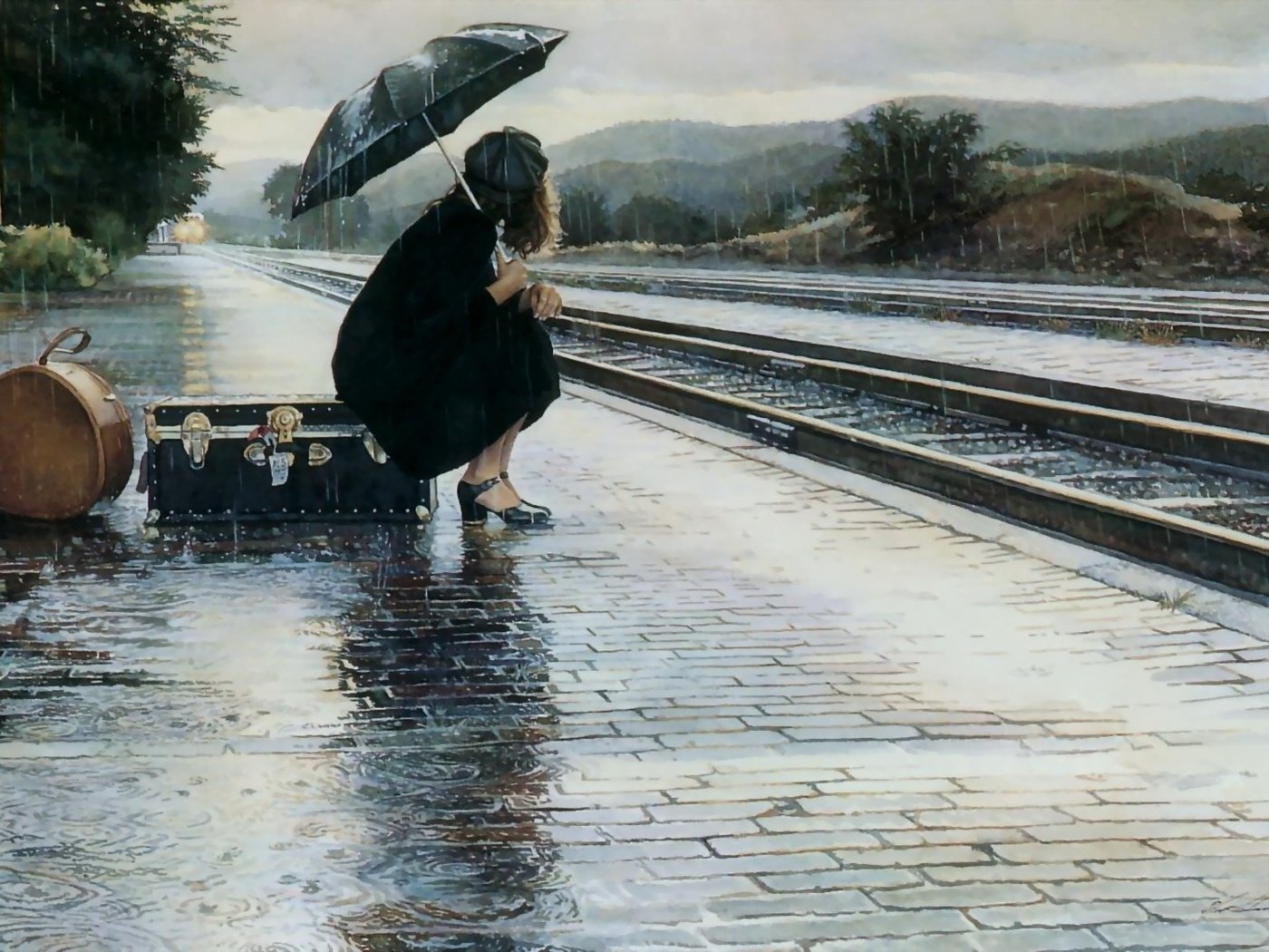 Обои девушка, грусть, дождь, чемодан, перрон, расставание, girl, sadness, rain, suitcase, the platform, parting разрешение 1920x1080 Загрузить