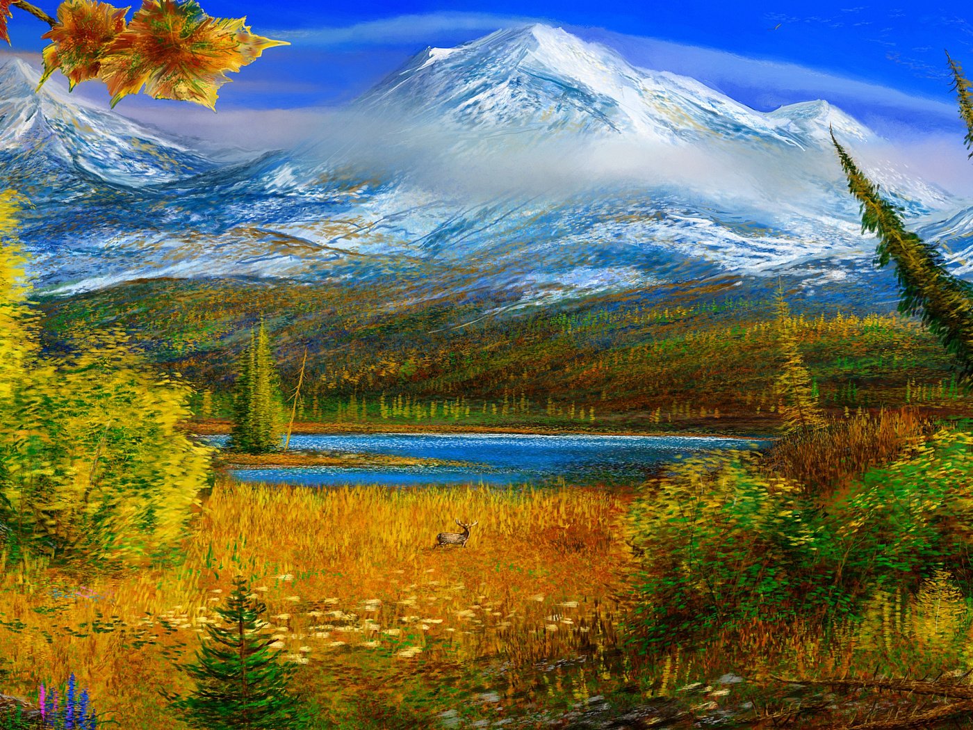 Обои горы, картина, осень, аляска, mountains, picture, autumn, alaska разрешение 2274x1200 Загрузить