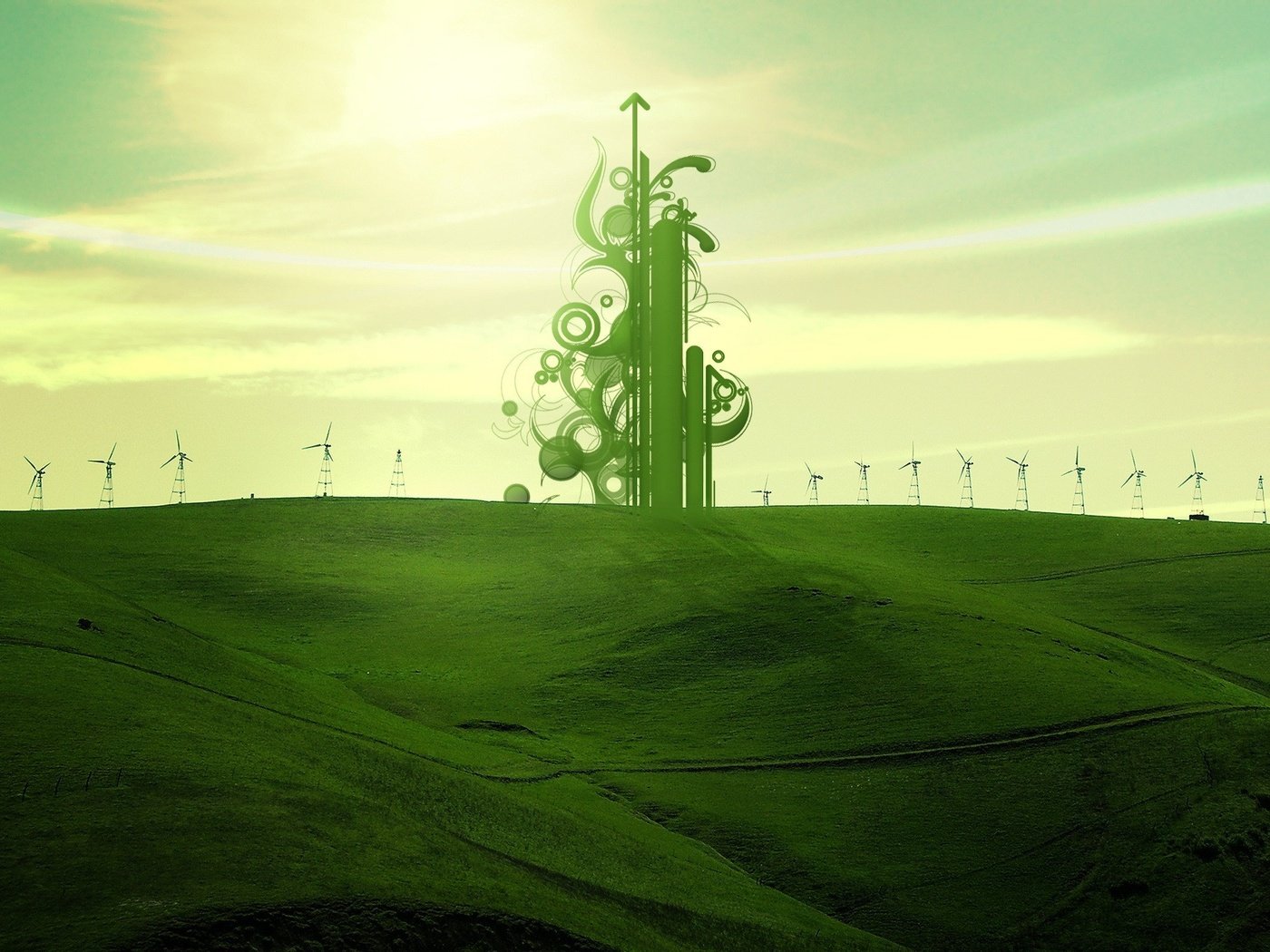 Обои зелёный, поле, обработка, ветряки, green, field, treatment, windmills разрешение 1920x1440 Загрузить