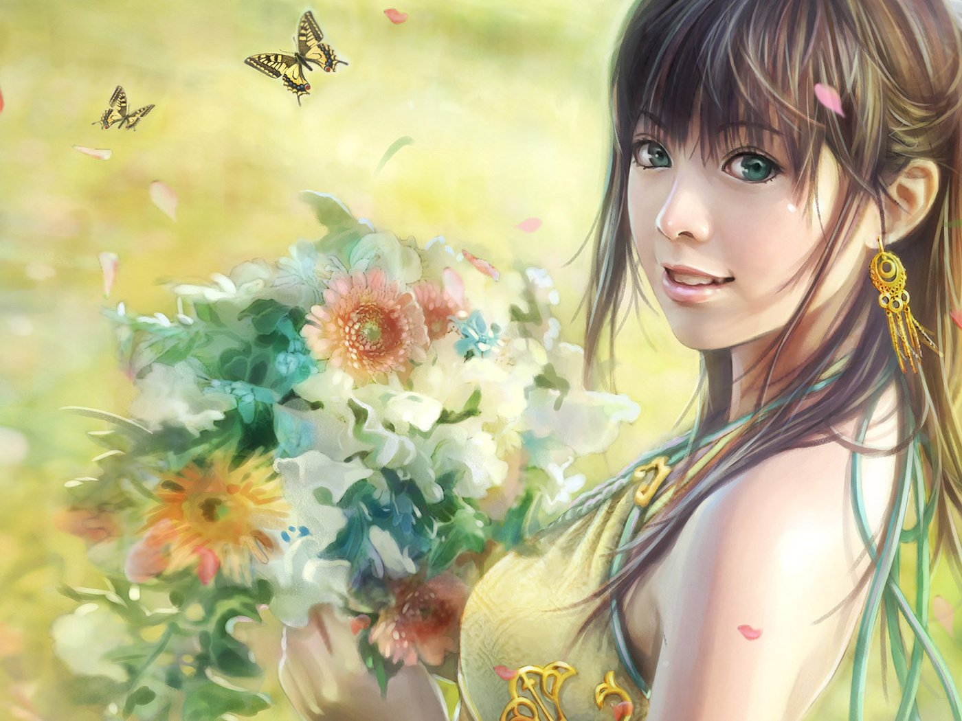 Обои цветы, рисунок, букет, бабочки, i-chen lin, flowers, figure, bouquet, butterfly разрешение 1920x1200 Загрузить