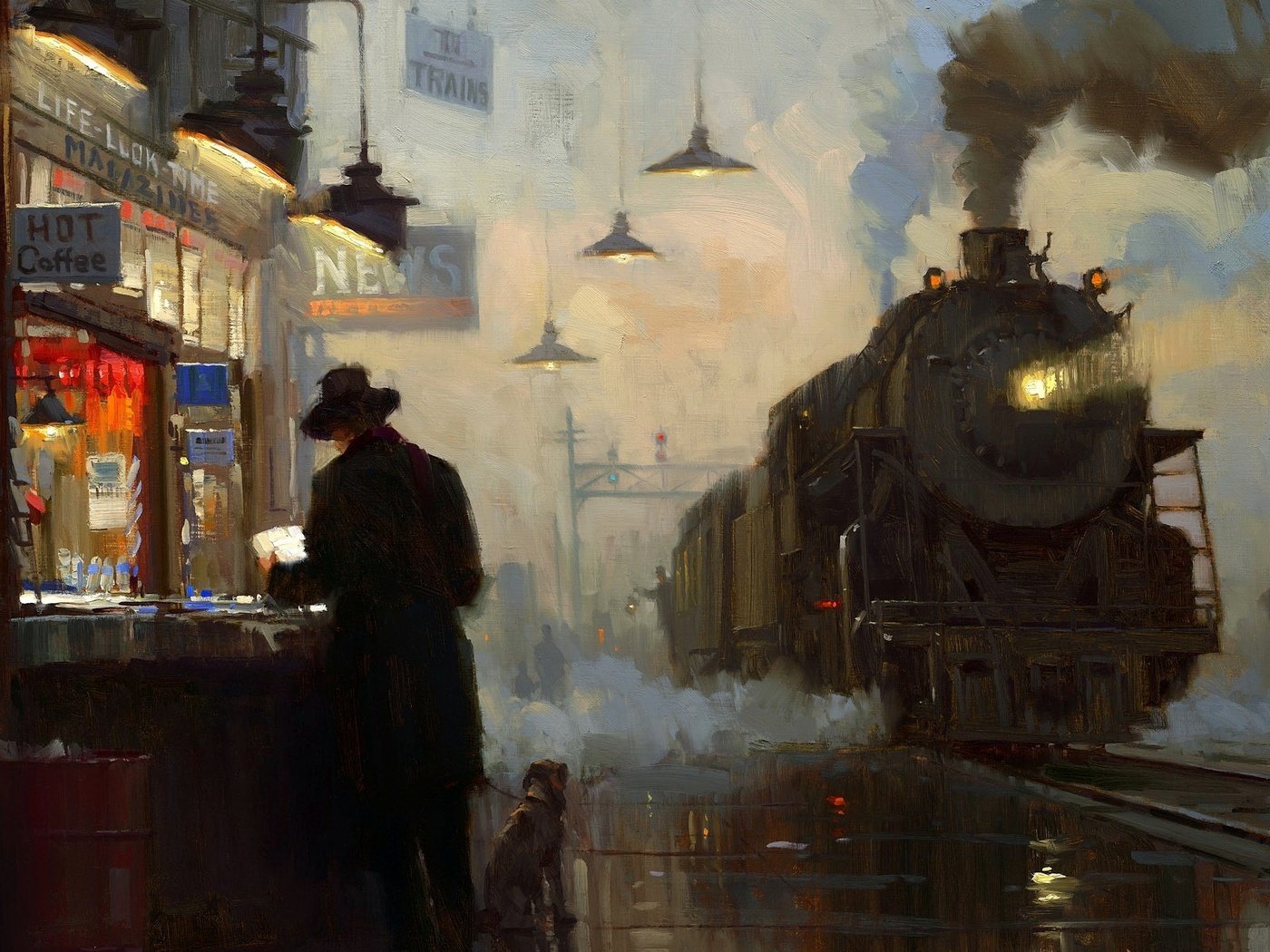 Обои станция, картина, масло, паровоз, station, picture, oil, the engine разрешение 1920x1200 Загрузить