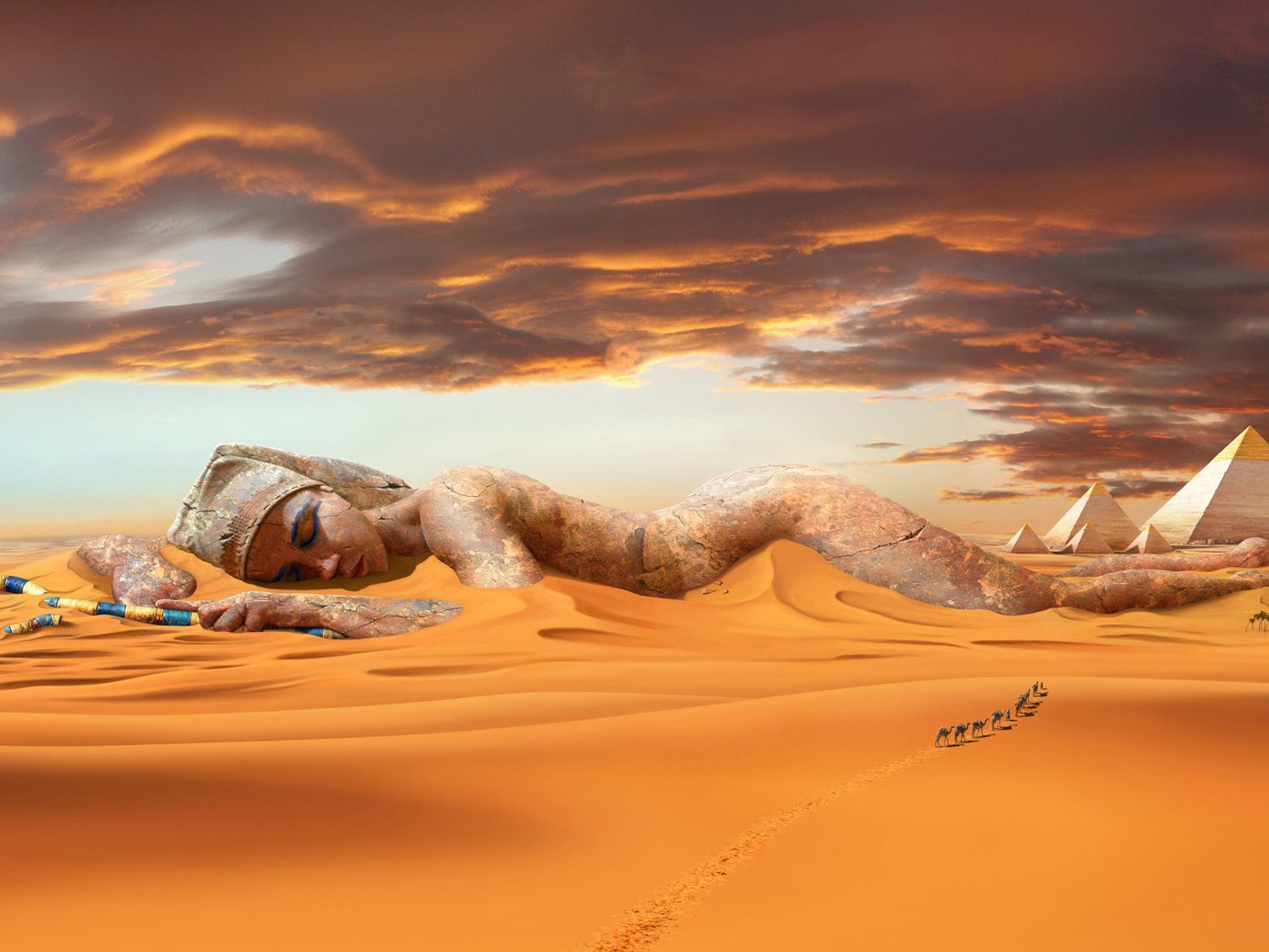 Обои песок, пустыня, статуя, дюны, караван, верблюды, пирамиды, sand, desert, statue, dunes, caravan, camels, pyramid разрешение 1920x1080 Загрузить