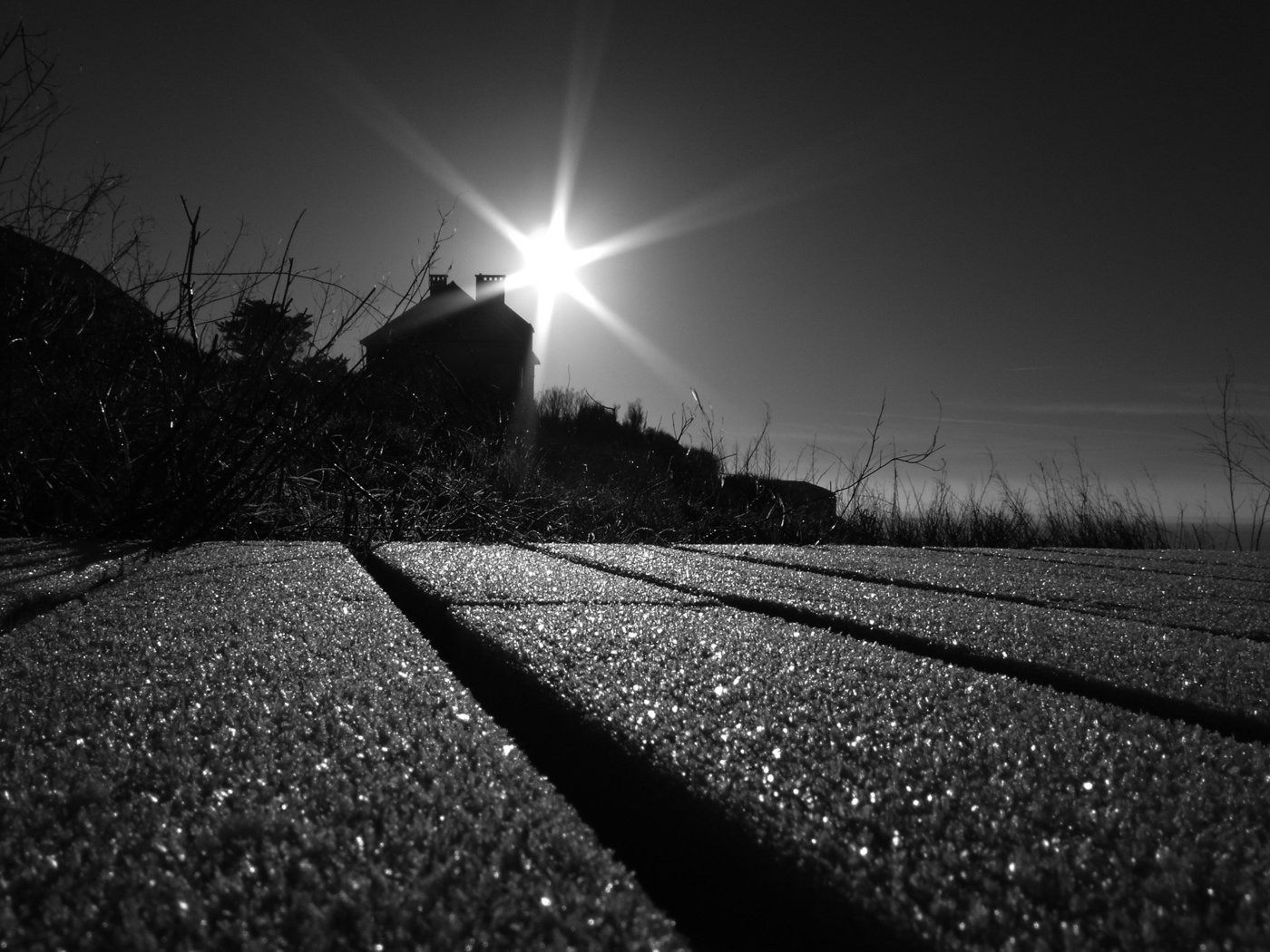 Обои дорога, солнце, лучи, чёрно-белое, дом, road, the sun, rays, black and white, house разрешение 2560x1600 Загрузить