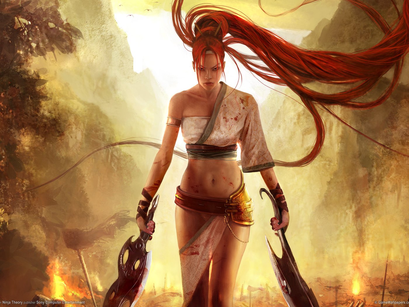 Обои горы, девушка, воин, огонь, nariko, небесный меч, mountains, girl, warrior, fire, heavenly sword разрешение 1920x1200 Загрузить