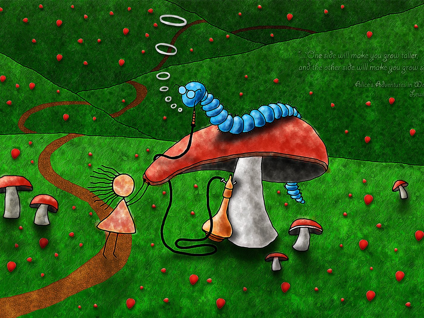 Обои грибы, тропа, алиса, гусеница, mushrooms, trail, alice, caterpillar разрешение 2560x1600 Загрузить