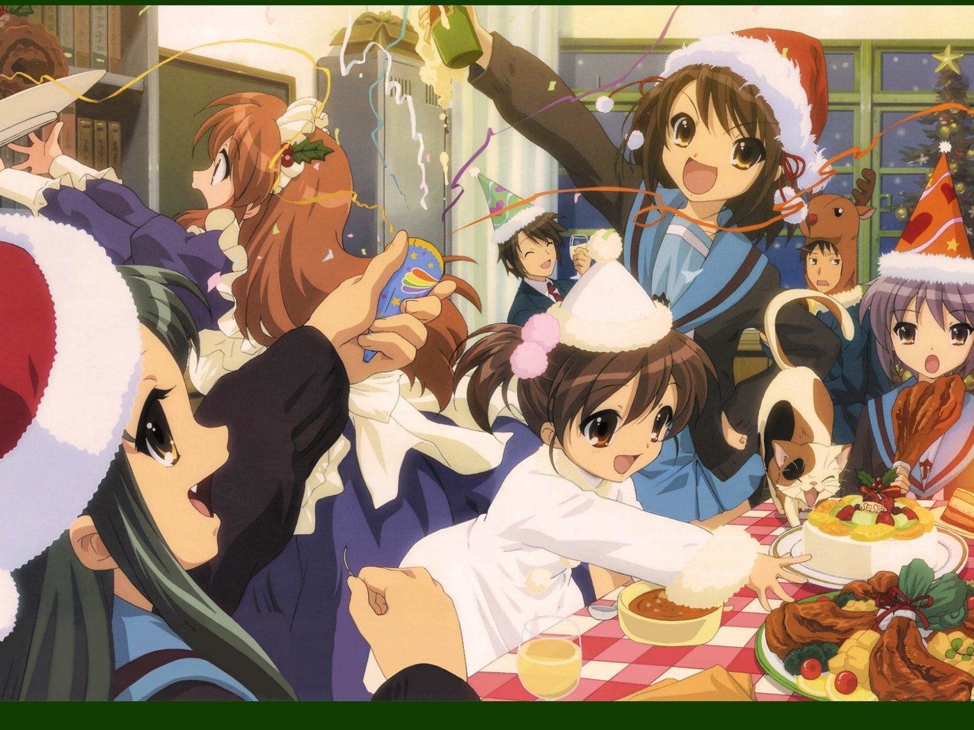 Обои группа, елочная, кот, животное, asahina mikuru, kyon, nagato yuki, suzumiya haruhi, maid, tsuruya, koizumi itsuki, kyon no imouto, shami, shamisen, group, christmas, cat, animal разрешение 1920x1241 Загрузить