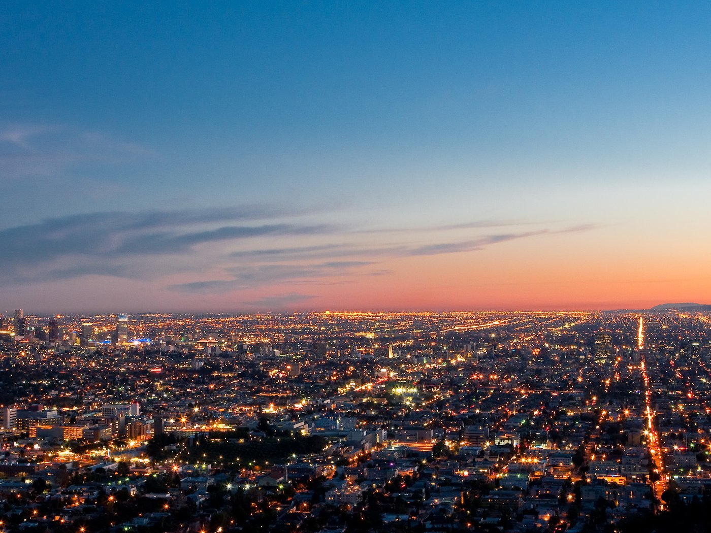 Обои вид, панорама, лос-анджелес, вечерние огни, лос-анжелес, view, panorama, los angeles, evening lights разрешение 2831x1080 Загрузить