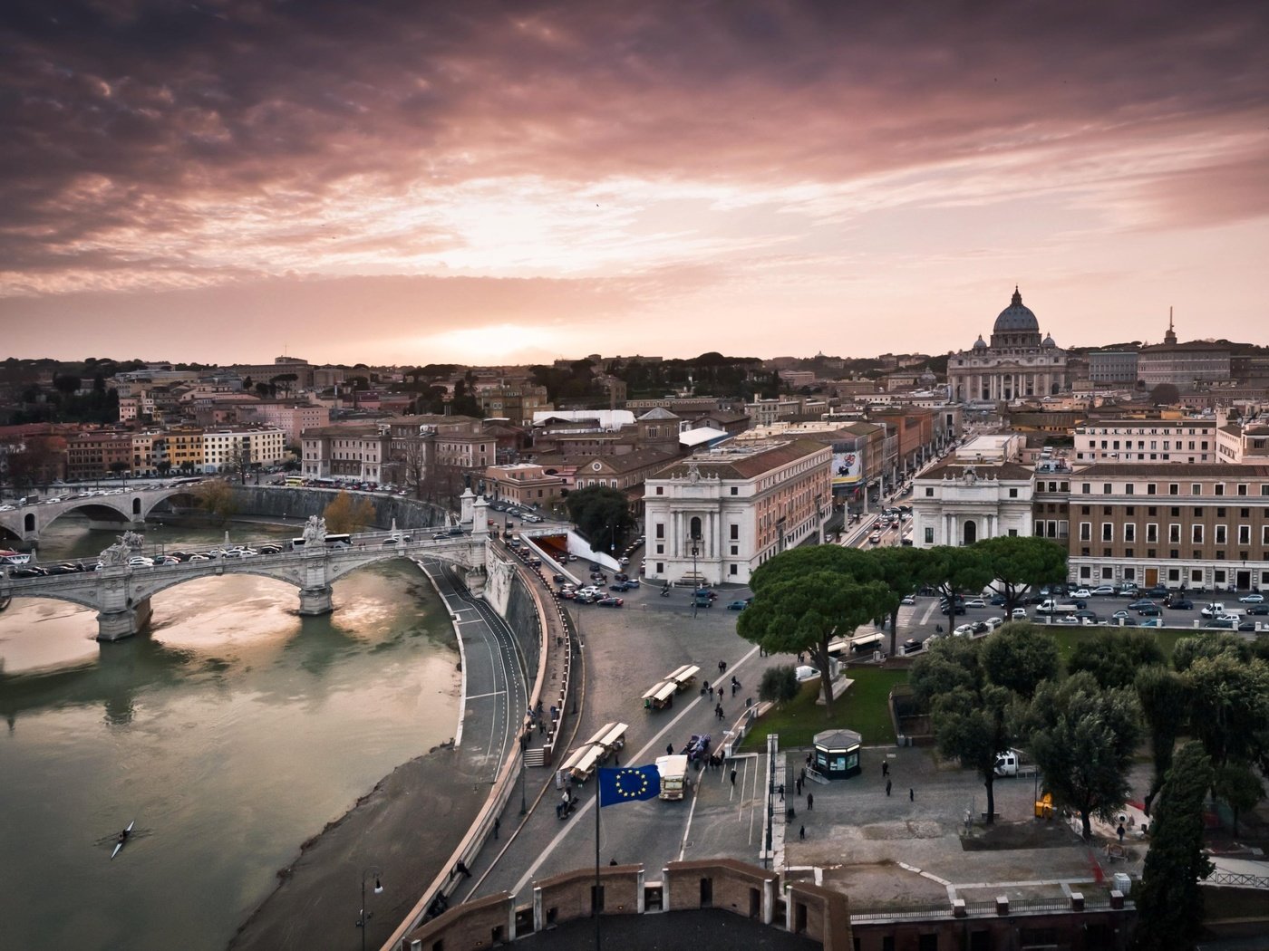 Обои река, восход, панорама, мост, италия, рим, river, sunrise, panorama, bridge, italy, rome разрешение 2560x1600 Загрузить