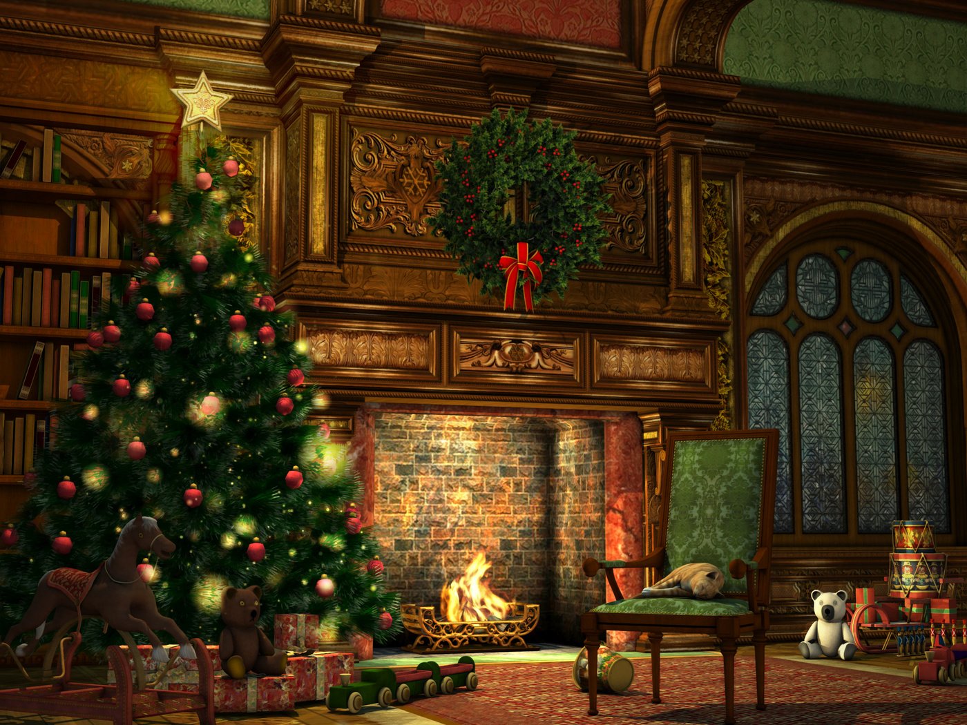 Обои новый год, елка, зима, шарики, камин, рождество, new year, tree, winter, balls, fireplace, christmas разрешение 2560x1920 Загрузить