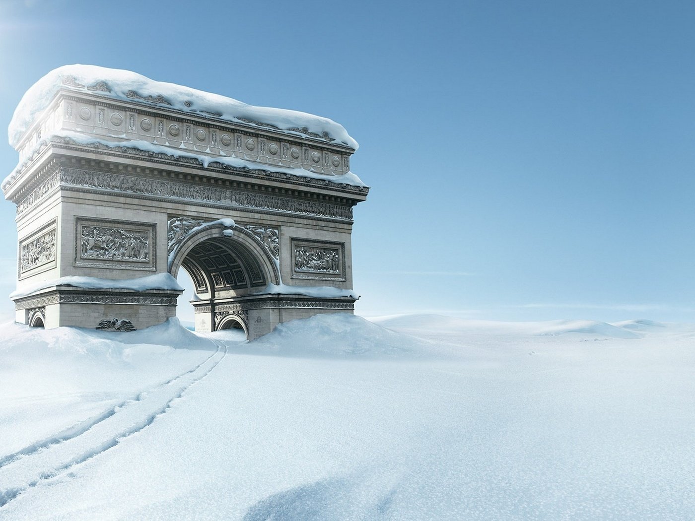 Обои креатив, hd картинка, триумфальная арка снег, creative, hd picture, arc de triomphe in the snow разрешение 1920x1080 Загрузить