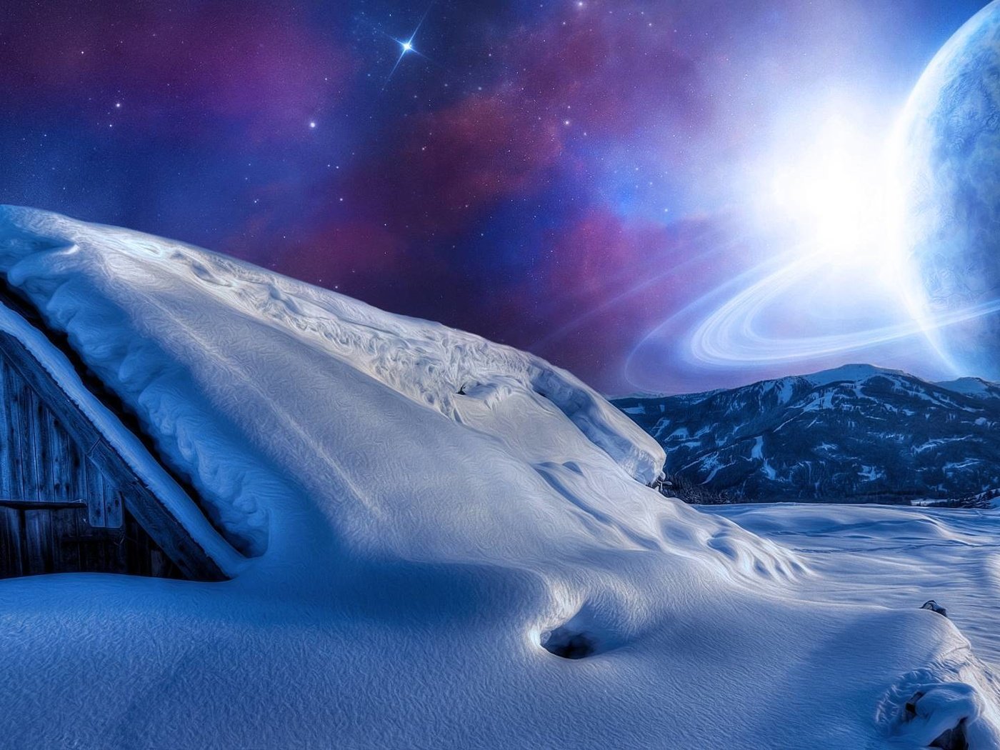 Обои небо, ночь, горы, снег, планета, звезда, дом, the sky, night, mountains, snow, planet, star, house разрешение 1920x1080 Загрузить