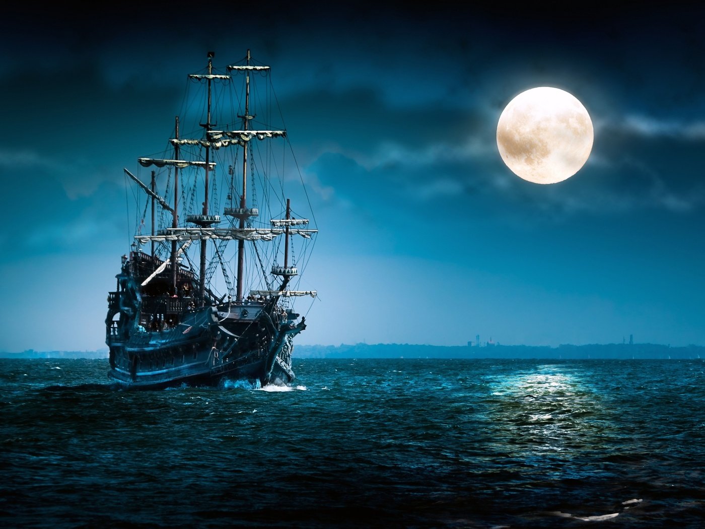 Обои море, луна, фрегат, sea, the moon, frigate разрешение 2560x1600 Загрузить
