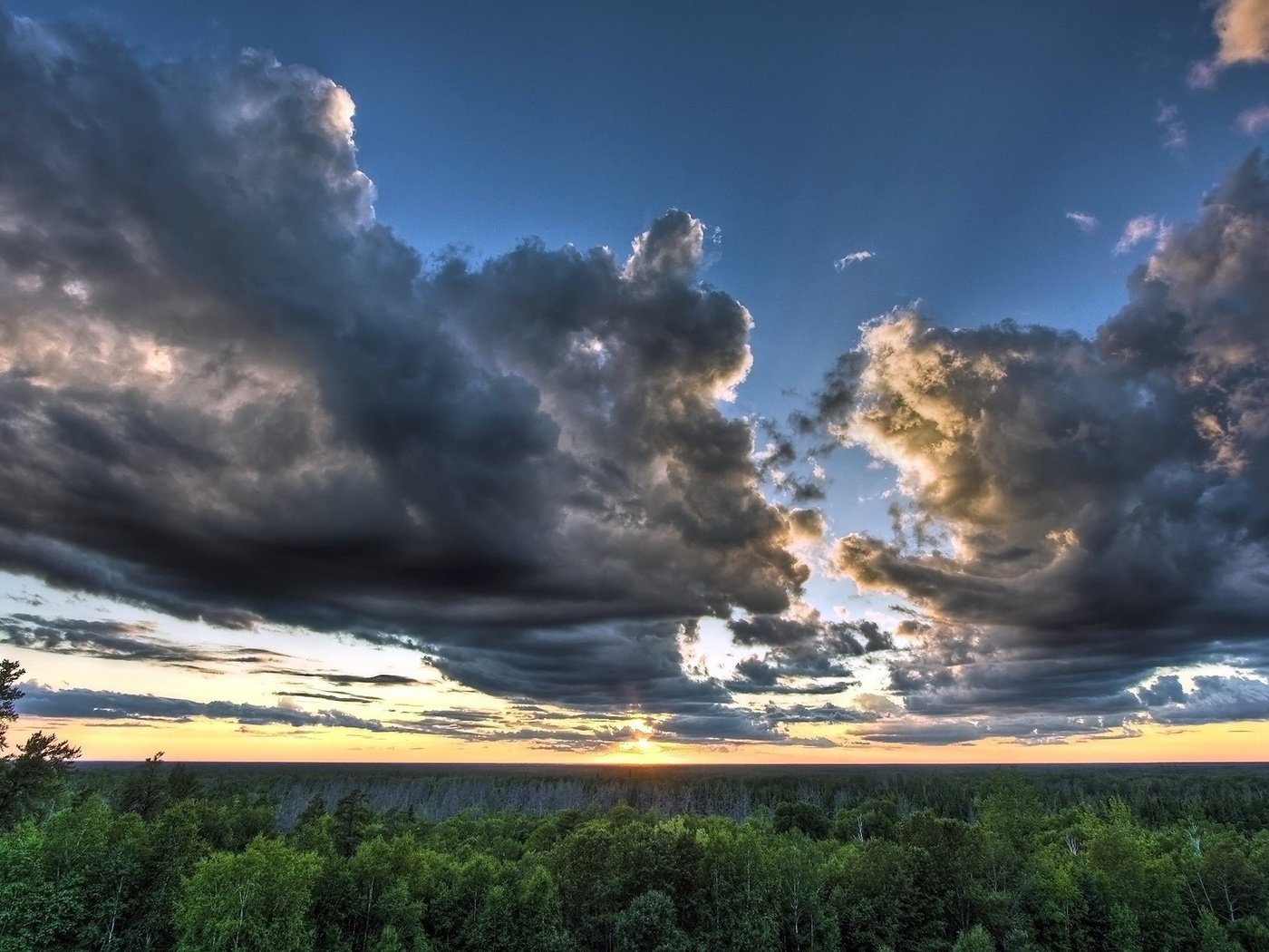 Обои небо, облака, восход, лес, пейзаж, the sky, clouds, sunrise, forest, landscape разрешение 1920x1200 Загрузить